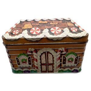 Avon Gingerbread House-Themed Metal Storage Tin Used READ